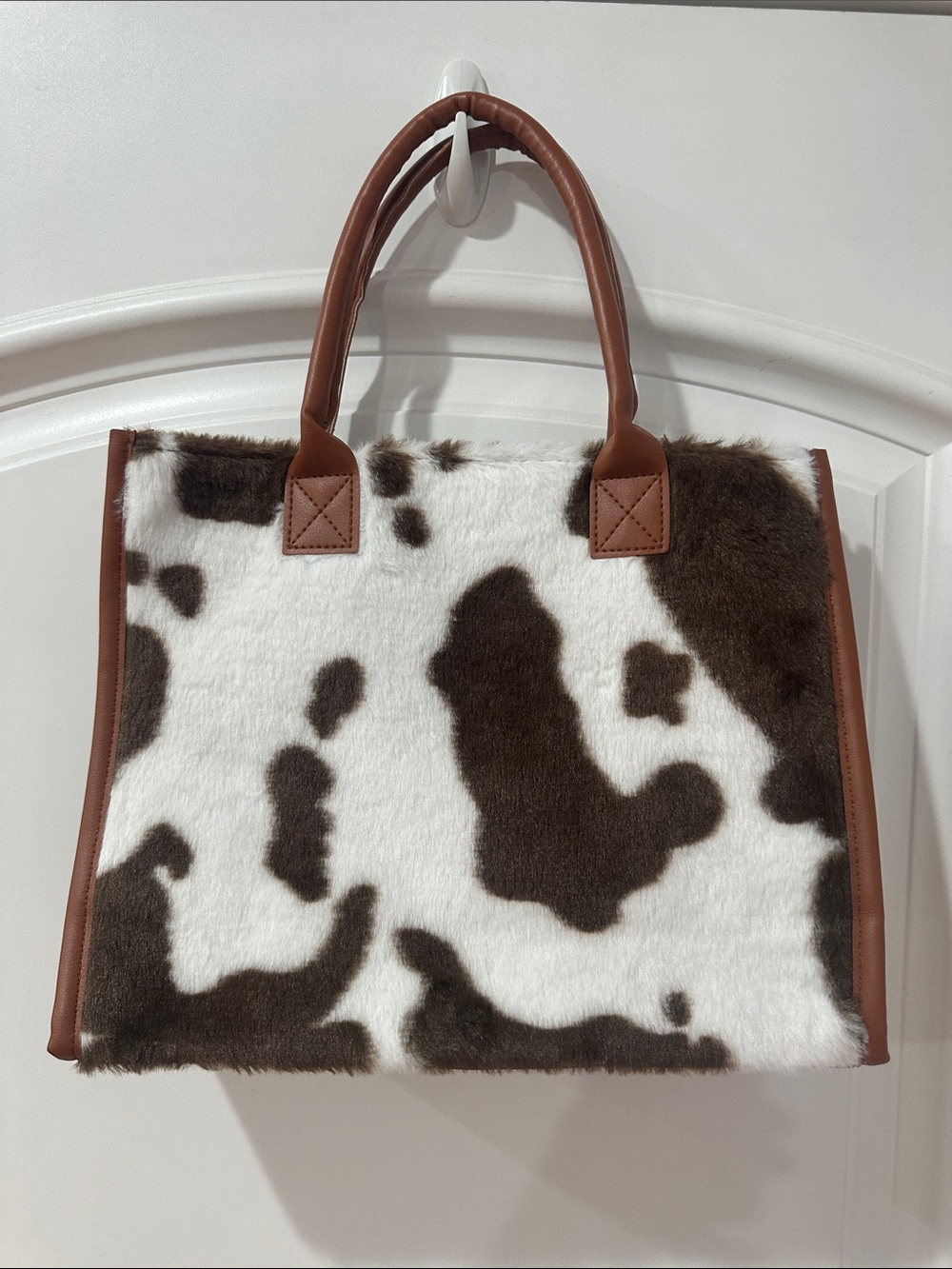 SHEIN White and Brown Cow Print Faux Fur Tote